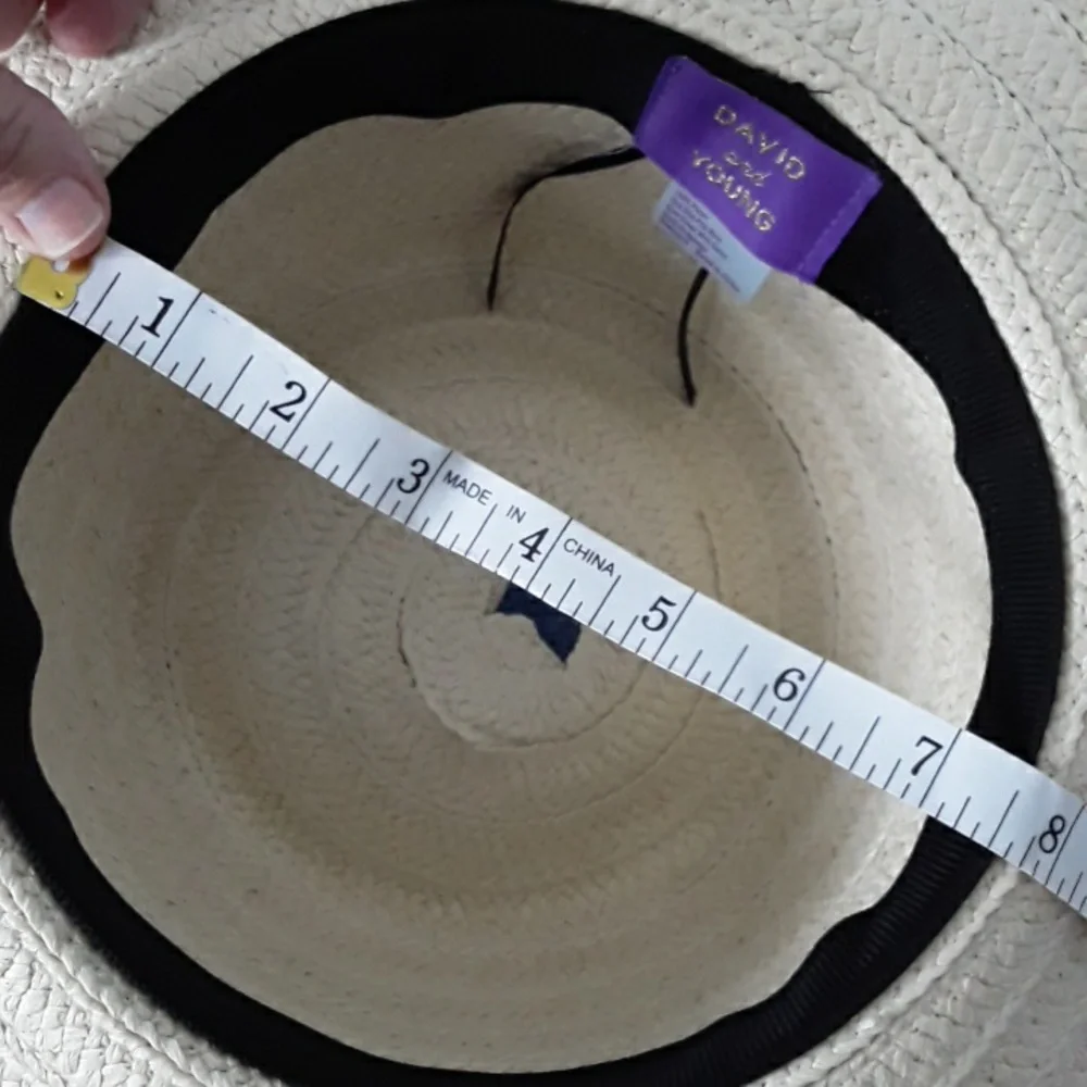 NWT DAVID and YOUNG Floppy Wide Brim w/fringe Hat, Blue/cream - Picture 9 of 11